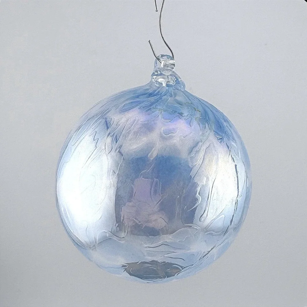Hand Blown Glass  Ball Iridescent Blue Swirl Spirit Ball Ornament 4 inch